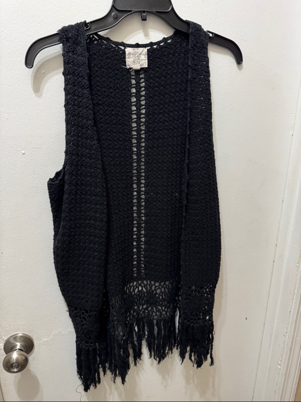 GUC Black Crochet Fringe Knit Vest - Women Sweater